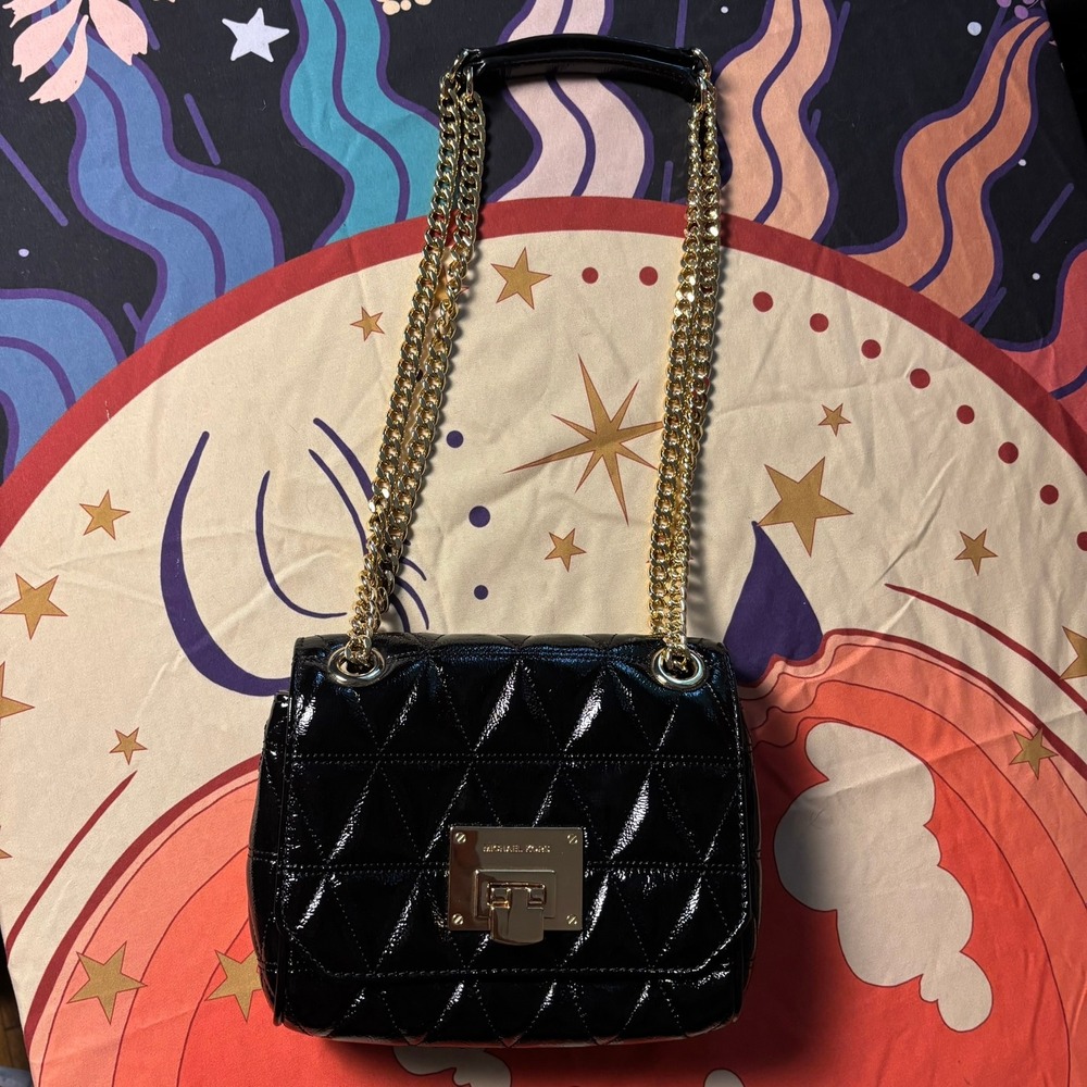 Michael Kors Sloan Black Patent Quilted Leather Shoulder Bag Gold Chain Small